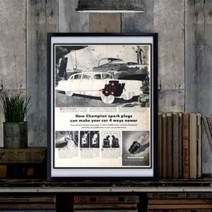 1950s CHAMPION Spark Plugs Advertisement Americana Shop Garage Art